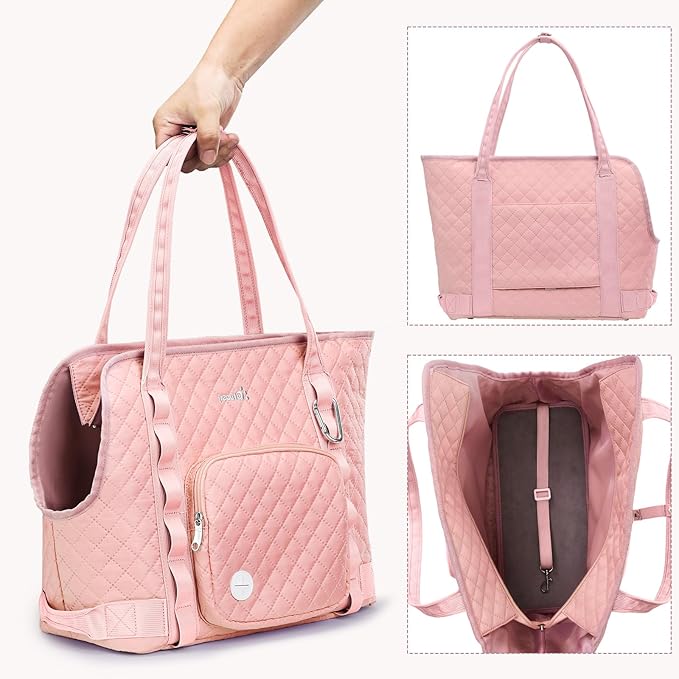 Pecute Dog Purse Carrier, Pet Carrier with Pockets for Small Dogs, Portable Small Dog Soft-Sided, Lightweight Dog and Puppies Tote Bag, Outing, Travel, Vet, Pink