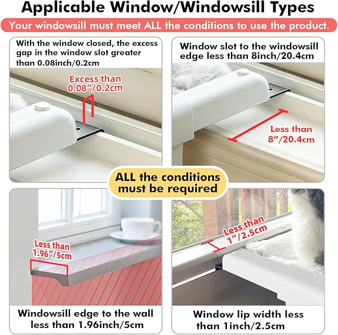 Window Sill Mount Cat Perch for Indoor Cats, One-Step Sliding Clamping Slot Adjustment Cat Hammock with Washable Cover, No Suction Cups Pet Bed for Windowsill & Bedside (Large)