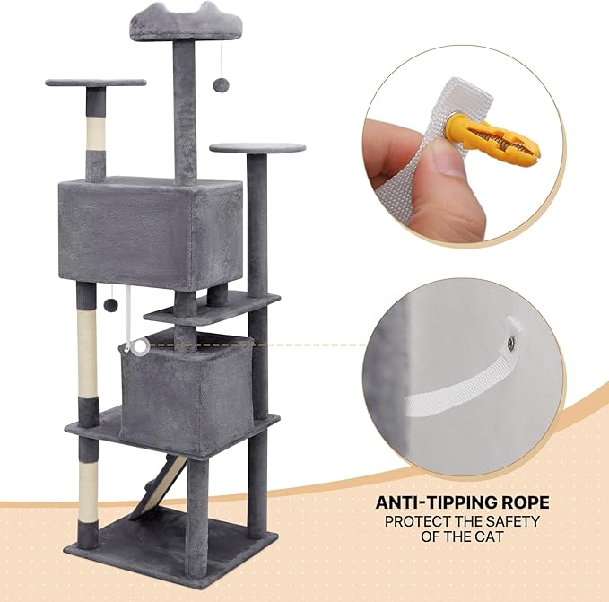 MoNiBloom 77 Inch Cat Tree Tower for Indoor Cats Large Adults, Tall Cat Tower with Scratching Post, Multi-Level Furniture Activity Center with Cat Condo Pet Play House, Smoky Grey