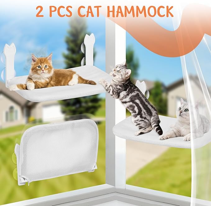 2 Pack Cat Window Perch,Cat Window Hammock Cordless Foldable Window Bed with 4 Large Strong Suction Cup,Reversible Cushion Cover,Metal Frame Easy to Adjust Window Seat Holds up to 40lbs(White,M)