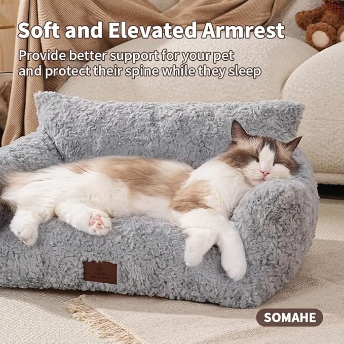 Cat Couch Beds Cat Bed for Indoor Cats Washable Dog Beds for Small Dogs & Cats with Removable Cover Fluffy Sofa with Non-Slip Bottom (18.0" L X 24.0" W X 10.0" Th) Grey