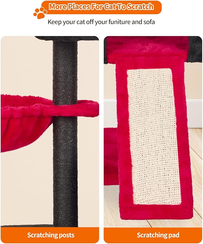 FISH&NAP Cute Cat Tree Kitten Cat Tower for Indoor Cat Condo Sisal Scratching Posts with Jump Platform Cat Furniture Activity Center Play House RedBlack
