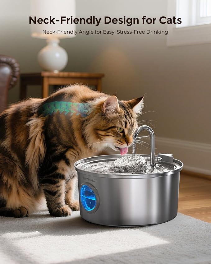 Invengo Cat Water Fountain Stainless Steel, 3.2L/108oz Pet Drinking Fountain for Cats Dogs, Automatic Cat Fountain with 2 Flow Modes, Splash-Proof Bowl, Includes 4 Replacement Filters