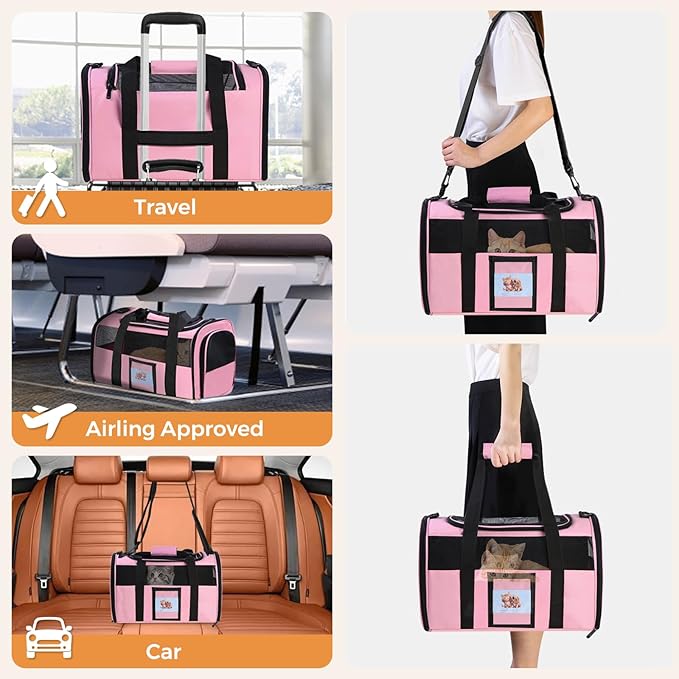 Soft Sided Cat Dog Carrier for Small/Medium Cats Dogs Airline Approved Travel Bag with Shoulder Strap & Removable Mat Pets Up to 15 lbs