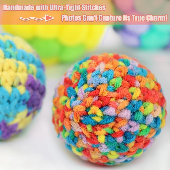 Cat Toys Balls 3 Jingle Bell Ball & 3 Soft Pom Pom Balls Interactive Kitten Toys for Hunting Kicking, Handmade Small 1.8” & Large 2.1” for Cats Kittens 6 Pack