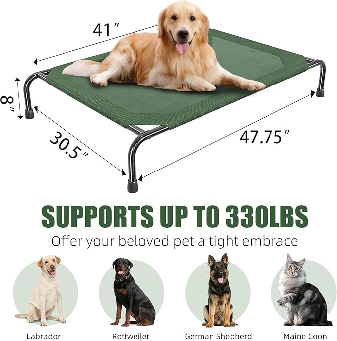 Simple Trending Raised Bed for Large Dog, Waterproof L Pet Cot, Breathable Big Bed Load 300lb, Green
