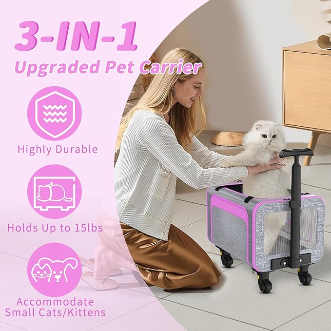 3-in-1 Pet Carrier with Wheels, 18" x 11" x 11" TSA Airline Approved, Cat Carrier on Wheels for Small Cats Up to 15Lbs, Rolling Pet Carrier, Cat Soft-Sided Bag for Flying, Travel & Vet(Not for Dogs)