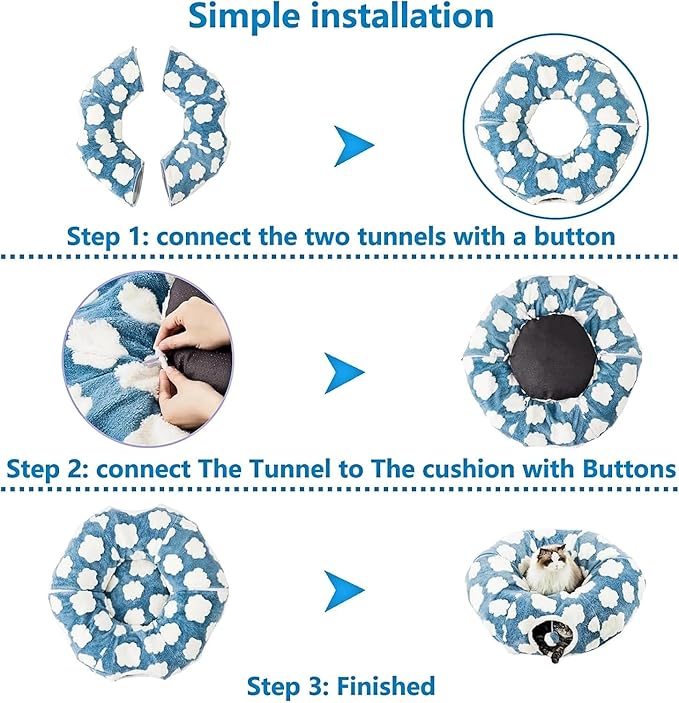Cat Tunnel Bed with Washable Cushion for Indoor Cat, Donut Cave Tube Toys for Kitten Puppy Rabbit, Blue