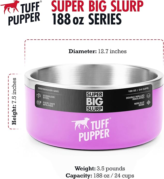 Tuff Pupper Heavy Duty Insulated Dog Bowl | Double Wall Stainless Steel Dog Food Dish | Non-Slip Spill Proof Dishwasher Safe Cat Bowl | Water Dish for Feeding Large Medium Small Pets (188oz, Pink)