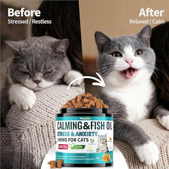 Wagmee Cat Calming Treats - 500 Crunchy & Creamy Cat Chews with Melatonin, Chamomile for Cat Stress and Anxiety Relief - Travel, Vet Visits, Storms and Separation Anxiety, Chicken and Krill Flavor