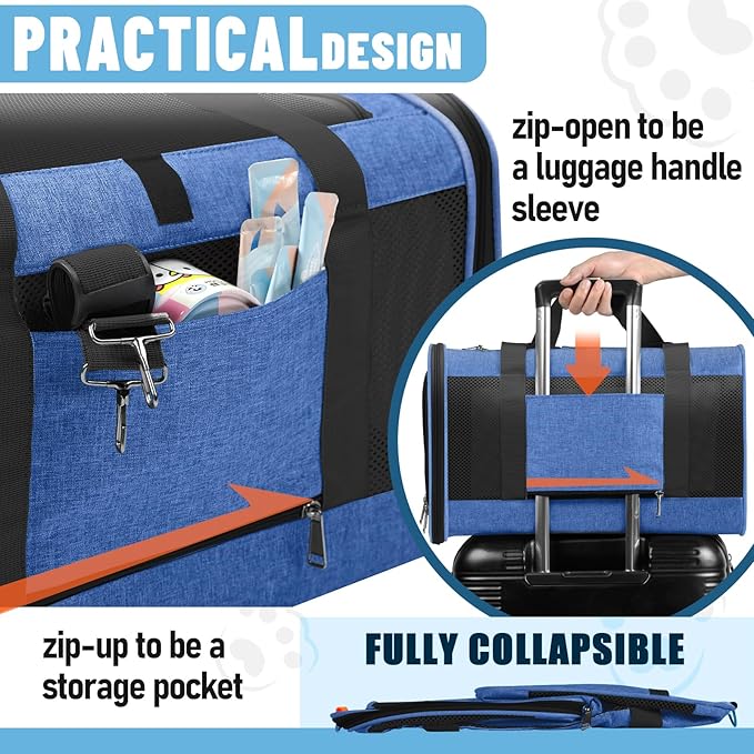 Pet Carrier Large Cats 20 lbs Top Load/Soft Sided Small Dog Travel Carriers/Collapsible Carrier Bag for Medium Cat Puppy/Sturdy Transport Carriers Long Trips/Medium Cats 15 pounds Blue