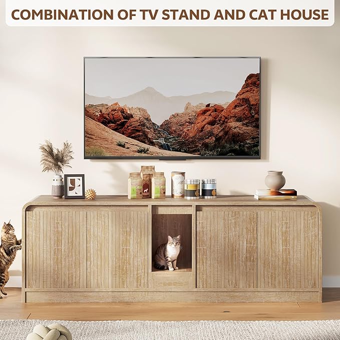 Cat Litter Box Enclosure with Litter Collector, 59'' Double Litter Box Enclosure for 2 Cats, Hidden Litter Box Furniture for Indoor Cats Large Adult, Cat House, Side Table, TV Stand, Natural