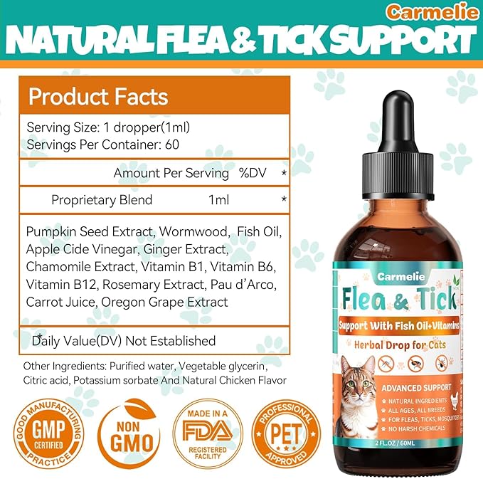 Flea and Tick Support for Cats, Natural Cat Flea Liquid Drops, Flea & Tick Supplement with Vitamins & Fish Oil for Cats - All Breeds, Kittens to Senior Cat - Chicken Flavor
