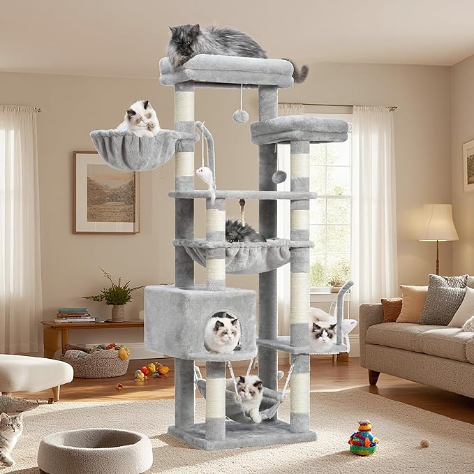 Cat Tree, Cat Tower for Large Cats with 2 Big Platforms, 2 Baskets, condo and Toys, 63" Cat Scratching Posts for Indoor Cats, Light Gray GCT020W