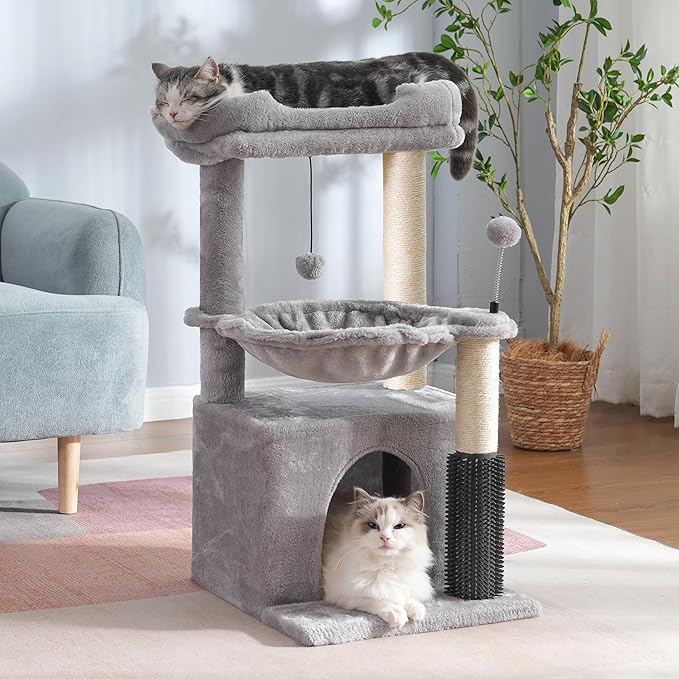 Cat Tree 32 Inches Small Cat Tower with Large Hammock Dia 15.7”,Self Groomer, Fully Scratching Post, Removable Top Bed and Wide Hideway Condo for Indoor Cats-Gray