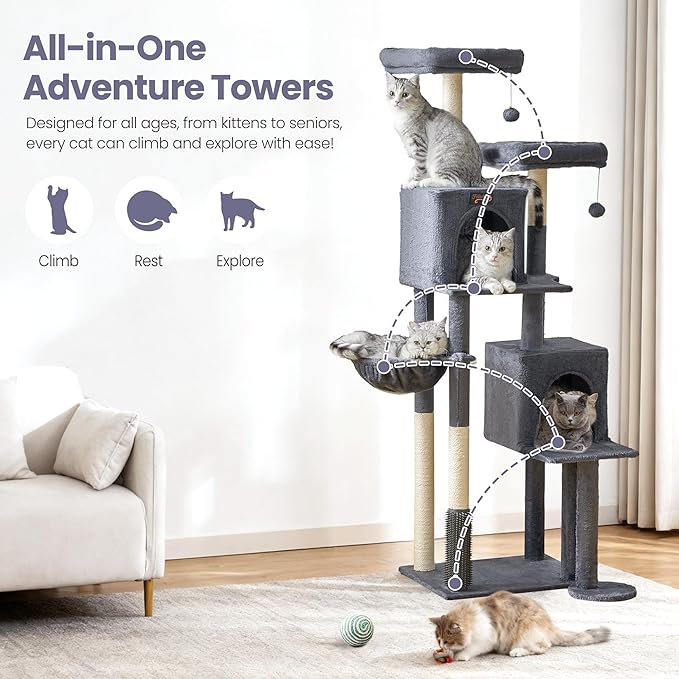 Cat Tree Tower for Indoor Cats Large Adult - 65 inch Extra Tall Cat Condo Trees with Scratching Post Hammock Perch - XL Sturdy Big Heavy Duty Multi Level Cat House Towers - Kitty Climbing Furniture