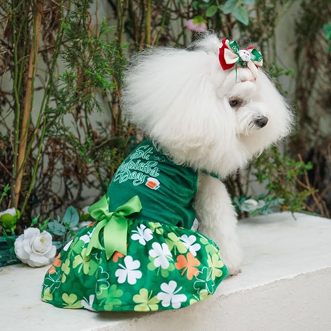 CuteBone St.Patrick's Day Dog Green Dress Velvet for Small Dogs Girl Puppy Dresses Clover Dog Clothes CVA13M-D