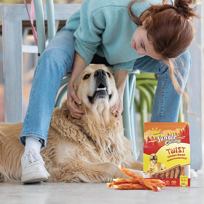Jungle Calling Dog Treats, Chicken Wrapped Rawhide Chew Sticks - High Protein, Low Fat Dental Chews for Teeth Cleaning & Training Rewards, 10.6oz