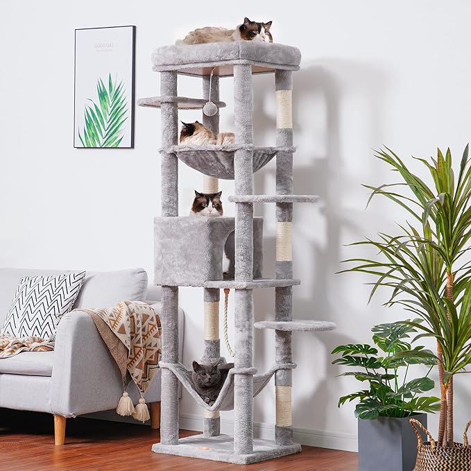 Heybly Cat Tree for Large Cats 20 lbs Heavy Duty,69 inches XXL Cat Tower for Indoor Cats,Multi-Level Furniture Condo with Big Padded Plush Perch,Cozy Basket HCT031W