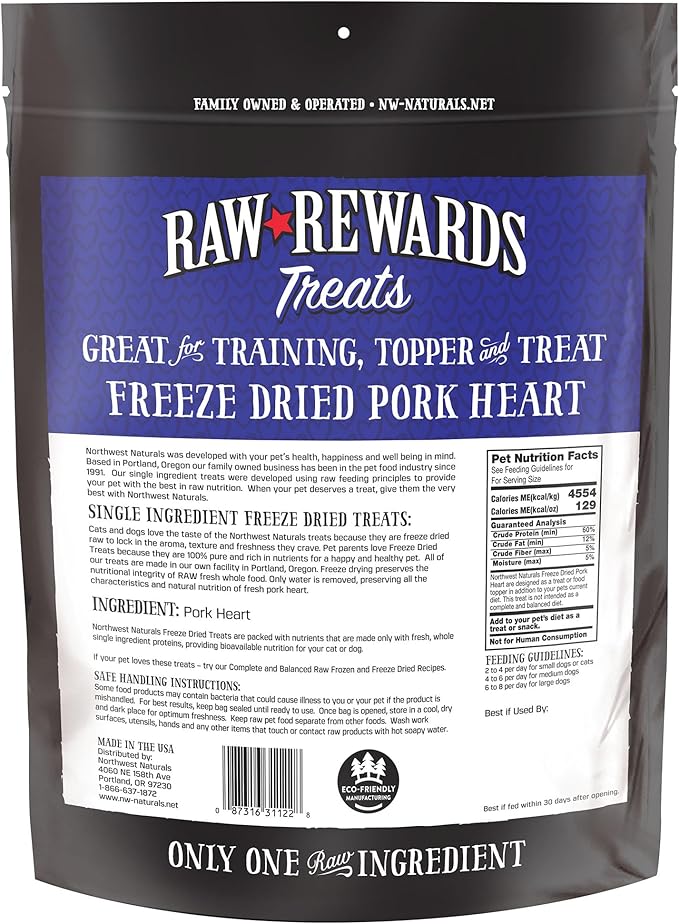 Northwest Naturals Raw Rewards Freeze-Dried Pork Heart Treats for Dogs and Cats - Bite-Sized Pieces - Healthy, 1 Ingredient, Human Grade Pet Food, All Natural, Proudly Made in USA, 10 Oz