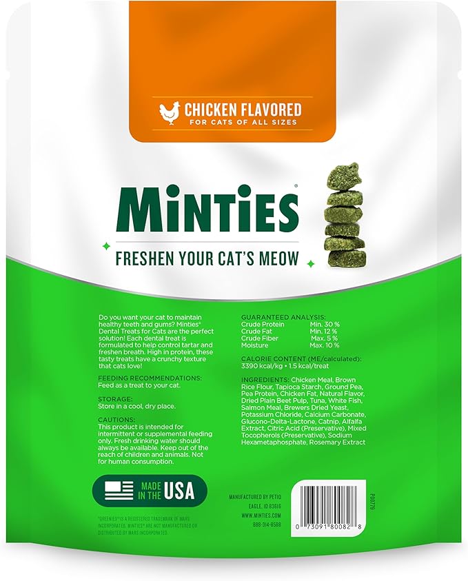 Minties Dental Treats for Cats, Chicken Flavored Cat Dental Treats, Freshens Breath and Controls Tartar, 10oz