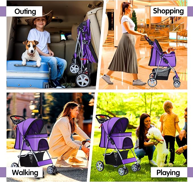 Azaeahom Pet Stroller, 4 Wheels Pet Strolling Cart for Medium/Small Dogs and Cats, Foldable Cat Jogger/Dog Stroller with Cup Holder, Storage Basket, Breathable Mesh, All-Season Pet Carrier, Purple