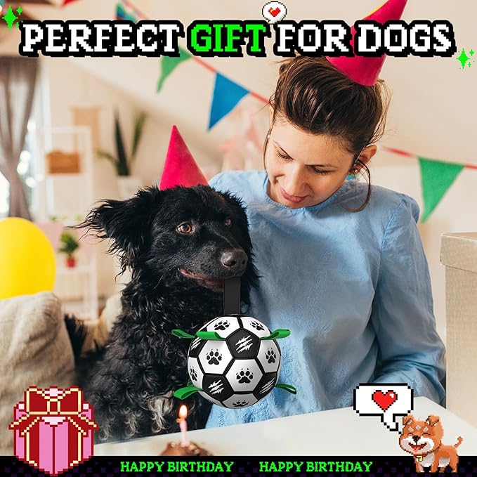 Diman Dog Soccer Ball with Straps, Dog Ball for Outdoor Fun, Birthday Gifts, Dogs Toys Balls for Small Medium Pet, Puppy Toys (Black, 6 Inch)