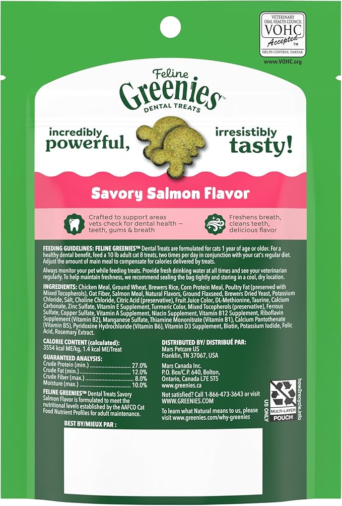 Greenies Feline Veterinarian-Recommended Adult Natural Dental Cat Treats, Savory Salmon Flavor, 2.1 oz. Pouch