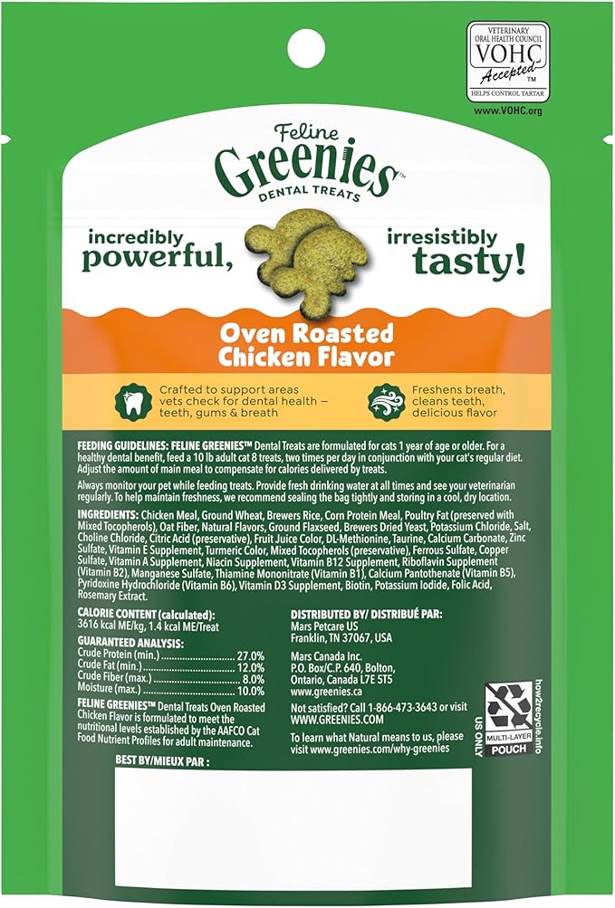 Greenies Feline Veterinarian-Recommended Adult Natural Dental Cat Treats, Oven Roasted Chicken Flavor, 2.1 oz. Pouch