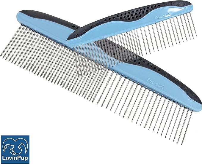 Dog Comb, Grooming Set for Dogs, 2 Sizes Pet Grooming Comb with Stainless Steel Teeth, Comfort Grip Handle, Dog Grooming Supplies, Large Pet Comb and Small Pet Comb