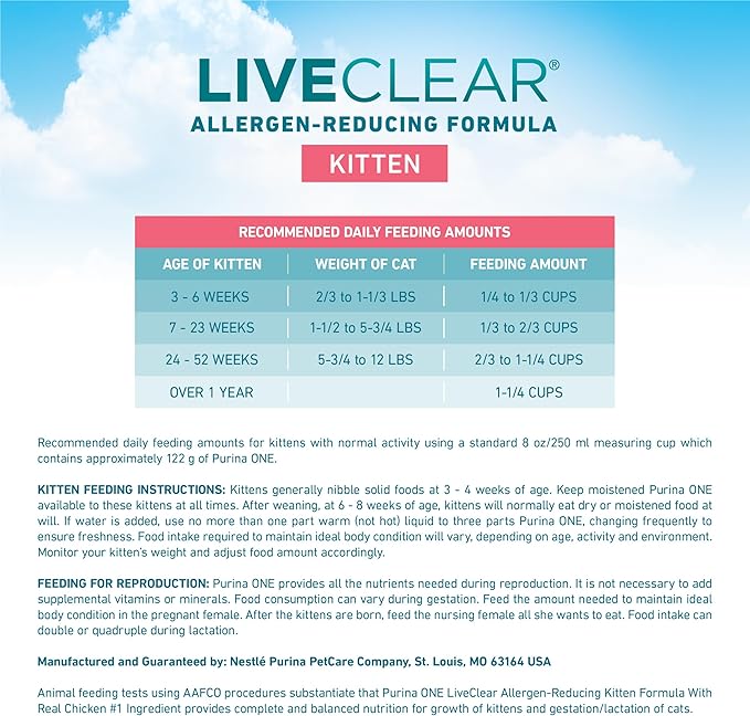 Purina ONE LiveClear Allergen-Reducing Dry Kitten Food Formula with Real Chicken As The Number One Ingredient - 5 lb. Bag