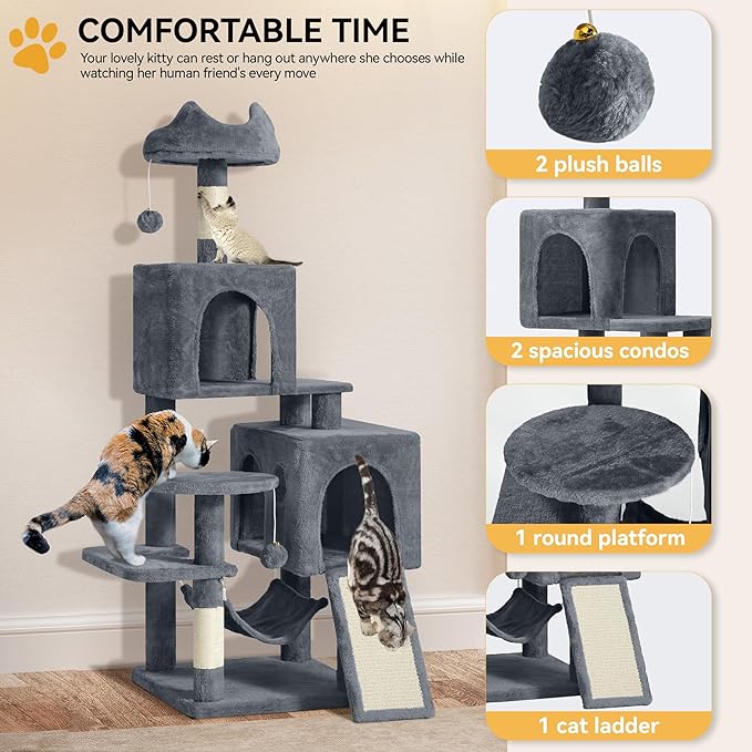 YITAHOME 54in Cat Tree Tower for Indoor Cats, Multi-Level Cat Climbing Tower with Sisal Scratching Post and Board, Cat Condos, Plush Top Perches, Hammock, Kittens Pet House Play, Dark Grey