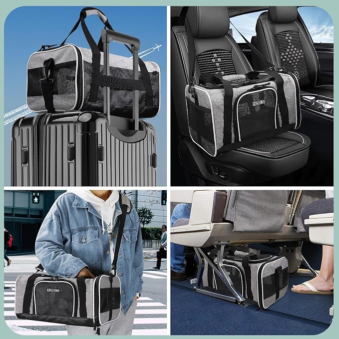 Petskd Pet Carrier 17x12x8.5 JetBlue Allegiant Airline Approved,Pet Travel Carrier Bag for Small Cats and Dogs, Soft Dog Carrier for 1-8 LBS Pets,Dog Cat Carrier with Safety Lock Zipper(Grey)