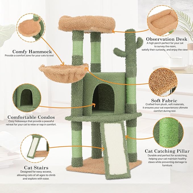 Athena Collection Small Cat Tree Tower with Scratching Post, 42 Inch Modern Cute Cat Tree Condo with Cozy Perch Basket Hanging Ball Climbing Ramp for Kittens Indoor Climbing, Light Green