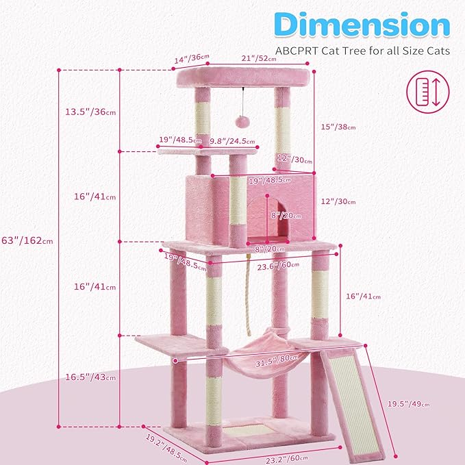 ABCPET Cat Tree Tower 63in Multi-Level Cat Tower for Indoor Cats with Sisal Scratching Posts, Condo, Hammock, Dangling Ball and Extended Platform for Cats to Play, Pink