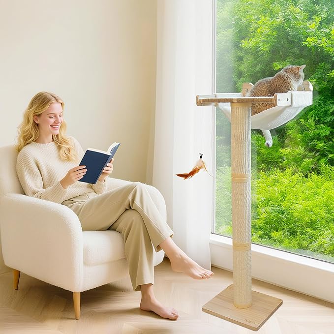 Cat Window Perch with Scratching Post, 47.3" Adjustable Cat Tall Scratching Posts &Upgraded Winter Cushion – Multi-Level Perch for Climbing, Bird Watching, and Play, Supports 50 lbs (Drilling-Free)