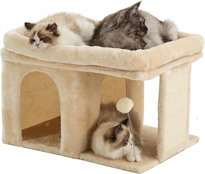 Heybly Cat Tree, 14 inch Cat Tower with Large Perch Bed and Cat Condo for Indoor Cats Large Adult, Cat House with Scratching Posts and Interactive Spring Balls for Your Kittens, Beige HCT203SM
