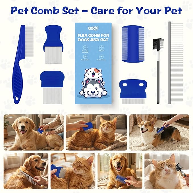WRW 7 Pack Flea Comb,Stainless Steel Dog Cat Grooming Combs with Rounded Tooth for Remove Fleas Lice Eggs, Double Sided Tear Stain Remover, Dematting Tool for All Types of Small, Medium, Large Pets