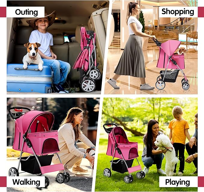 Azaeahom Pet Stroller, 4 Wheels Pet Strolling Cart for Medium/Small Dogs and Cats, Foldable Cat Jogger/Dog Stroller with Cup Holder, Storage Basket, Breathable Mesh, All-Season Pet Carrier, Pink