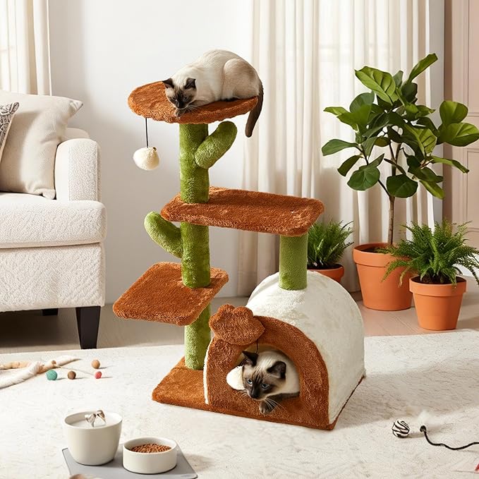 Cactus Cat Tree for Indoor Cats with Cozy Condo Wide Top Perch Multi-Level Climbing and Lounging Space 27.5inch Plush, Brown