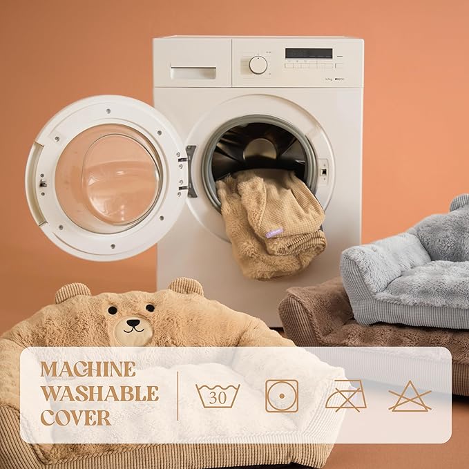 LE SURE Cute Cat Couch for Pets - Fluffy Original Bear Design for Small Dog Bed, Supportive Dog Couch with Removable Washable Cover, Puppy Bed for Small and Medium Dogs, 28inch, Brown