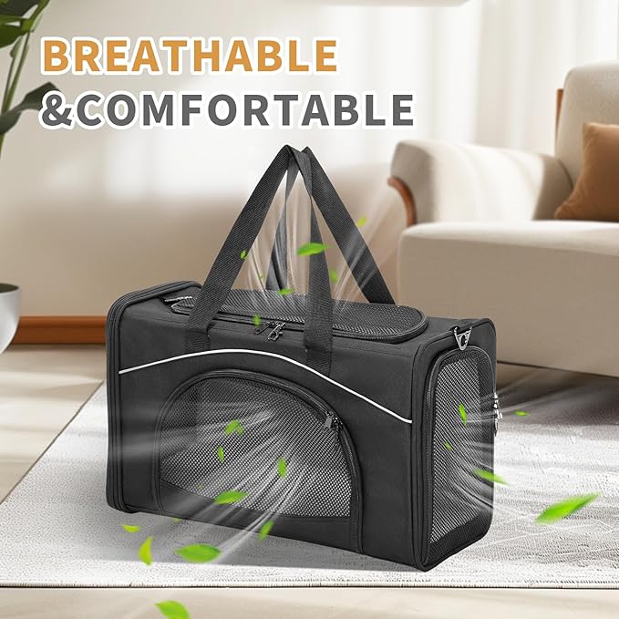 Petsfit Airline Approved Pet Carrier for Small Dogs & Cats, 18x8x11 TSA Approved Carrier, with Removable Dual-Sided Padding (2-Way Placement) - Fits Under Most Airplane Seats, Escape Proof (Black)