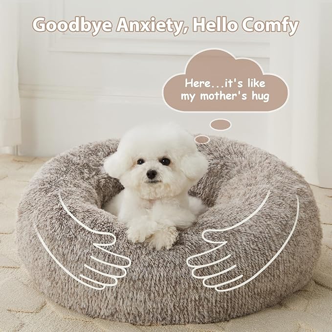 WNPETHOME Calming Dog Bed Cat Bed Donut, Faux Fur Pet Bed Self-Warming Donut Cuddler, Comfortable Round Plush Dog Beds (30 x 30 x 10 Inch, Light Coffee)