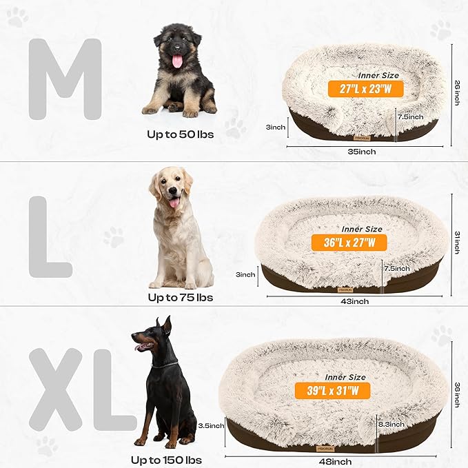Fluffy Orthopedic Dog Bed for Medium & Large Dogs, Calming Plush Sofa Bed with Curved Bolster Support and Egg-Crate Foam Base, 43" Cozy Oval Pet Donut Bed with Washable Cover, Coffee
