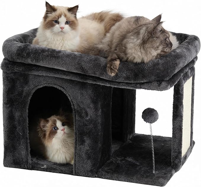 Heybly Cat Tree, 14 inch Cat Tower with Large Perch Bed and Cat Condo for Indoor Cats Large Adult, Cat House with Scratching Posts and Interactive Spring Balls for Your Kittens, Smoky Gray HCT203SG