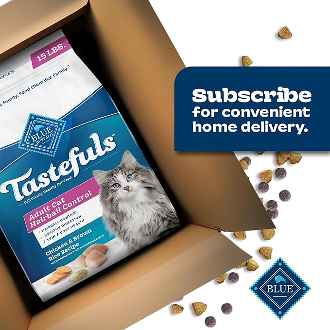 Blue Buffalo Tastefuls Natural Dry Food for Adult Cats, Hairball Control, Chicken & Brown Rice Recipe, 15-lb. Bag