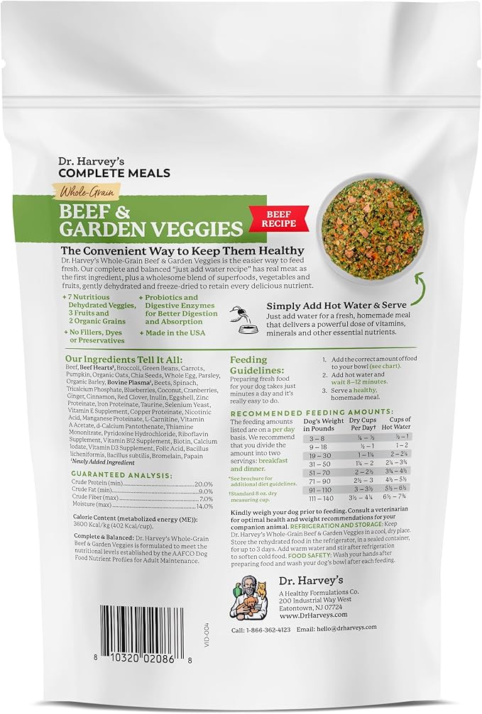 Dr. Harvey's Beef & Garden Veggies Dog Food, Human Grade Whole-Grain Dehydrated Dog Food with Freeze-Dried Beef (5.5 Ounces, Trial Size)