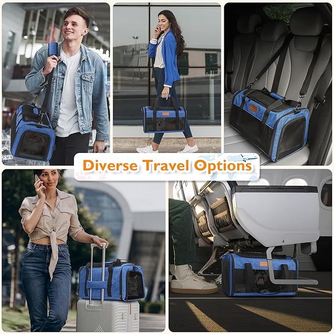 PETUX Airline Approved Cat Carrier or Small Cat up to 12 lb - 17x11x9.5 in Underseat, Top & Side Entry Pet Carrier with Breathable Anti-Scratch Mesh & Litter Box for Travel and Vet Visit - Blue