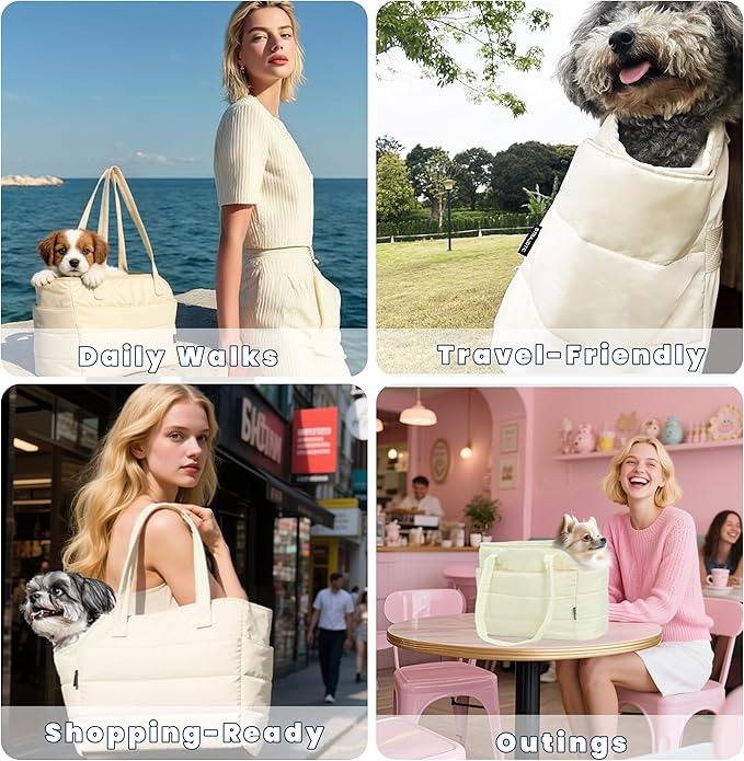 Lightweight Dog Purse Carrier for Small Dogs Under 15 lbs, Puffy Quilted Pet Carrier Tote for Puppies with Safety Leash Clip, Women's Hands-Free Dog Carrier Bag for Travel/Shopping (Pink)