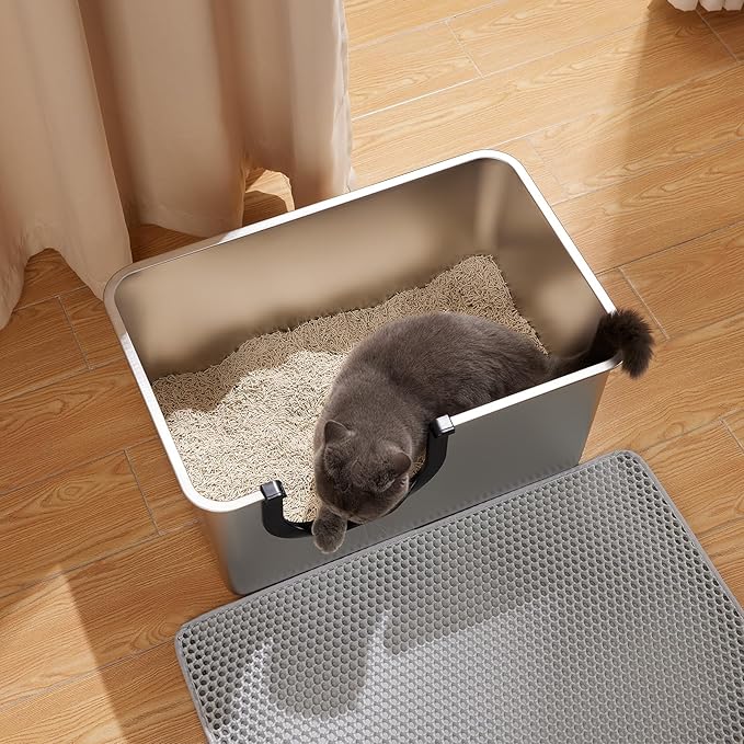 Yangbaga Extra Large Stainless Steel Litter Box, Leak Proof 12 Inches High Sides for Urine & Litter Trapping, Easy Entry for Kittens, Older Cats,Non-Stick,Non-Slip,No Sharp Edges